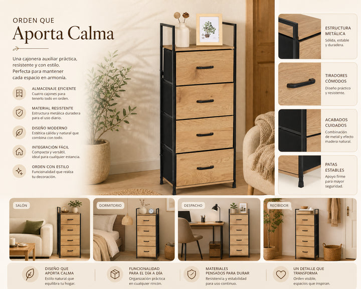 Cajonera Auxiliar SpaceLine 4 Cajones Metal y Madera