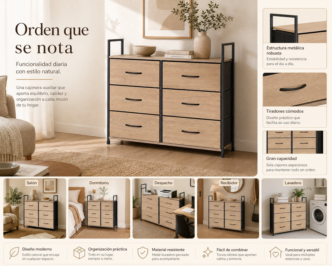 Cajonera Auxiliar Spaceline con 6 Cajones de Metal 80cm