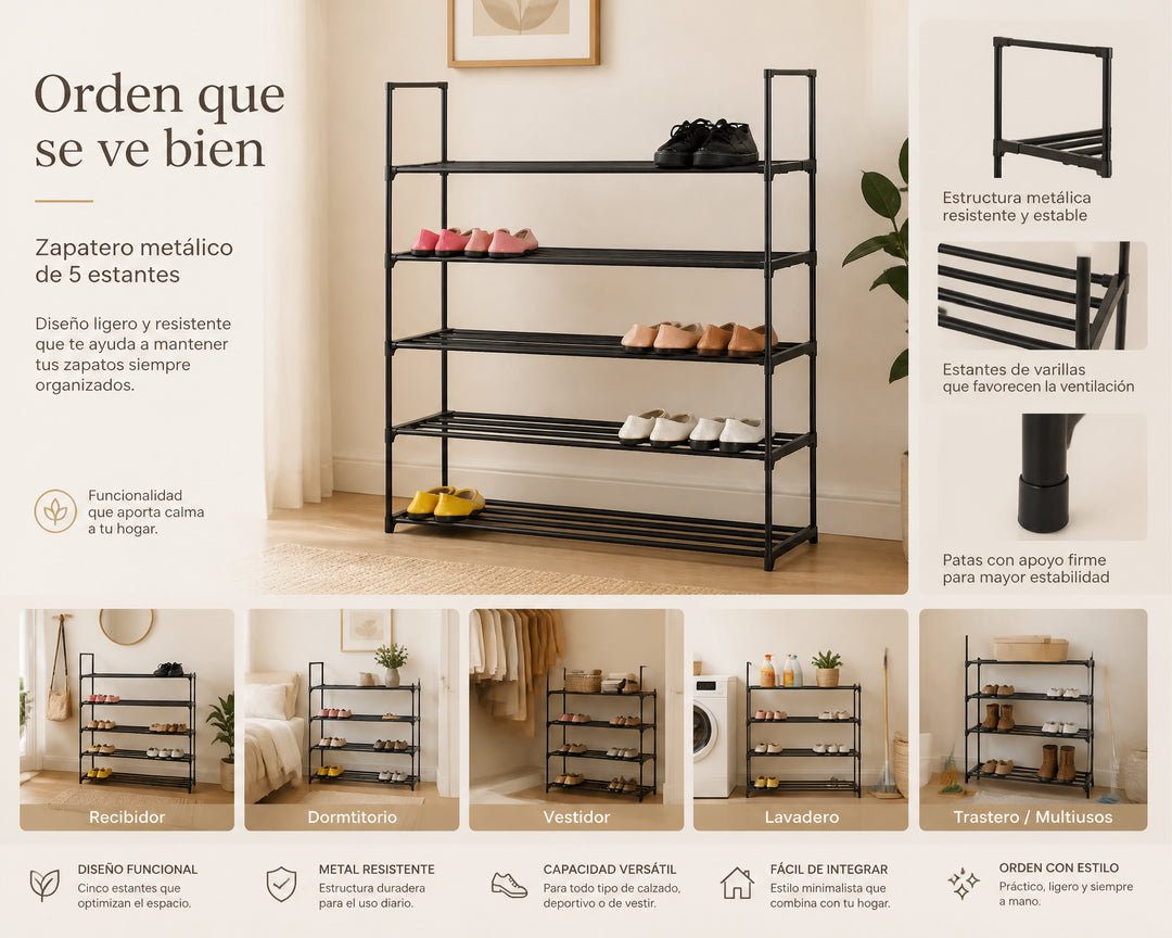 Zapatero de Metal 5 Estantes Negro para Organización Óptima