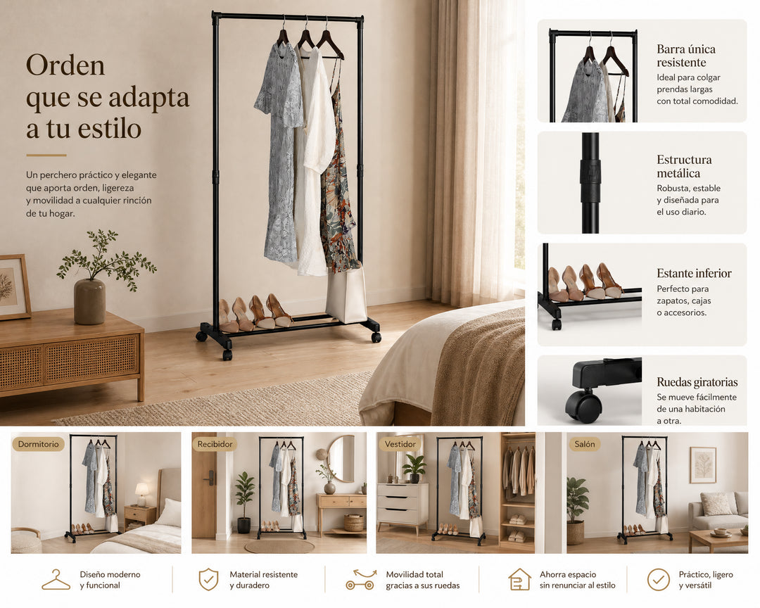 Perchero de Metal con Ruedas y Barra Ajustable 157 cm