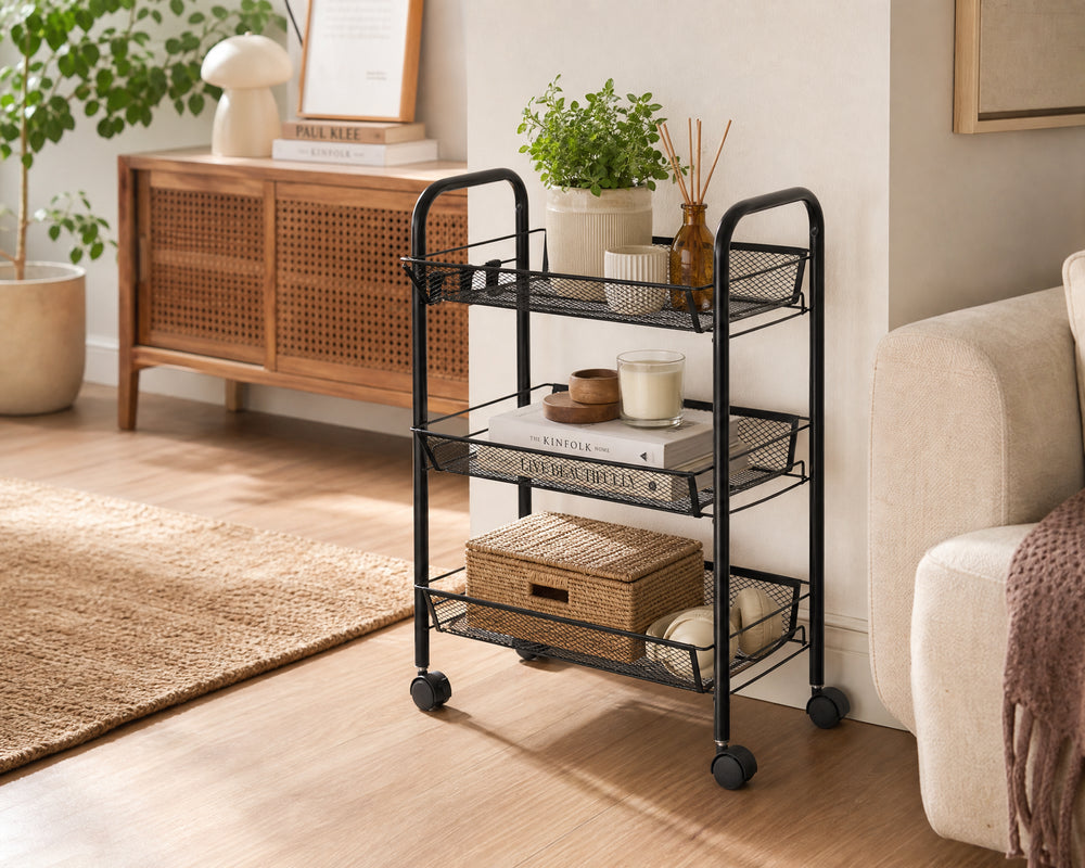 Carro Auxiliar Metal 3 Cestas con Ruedas 43x26x63 cm