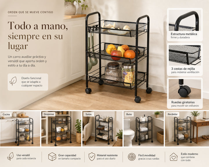 Carro Auxiliar Metal 3 Cestas con Ruedas 43x26x63 cm