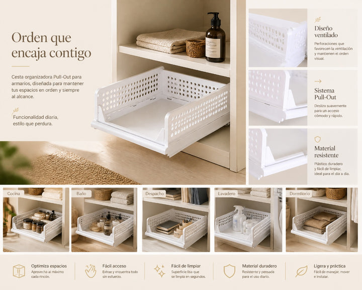 Cesta Organizadora Pull-Out para Armarios de Plástico Blanca - imagen 8
