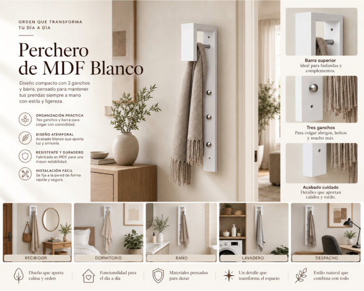 Perchero Blanco de MDF con 3 Ganchos y Barra, 25x70 cm - imagen 8