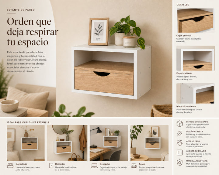 Estante de Pared con Cajón Blanco y Roble MDF 36x30cm - imagen 8