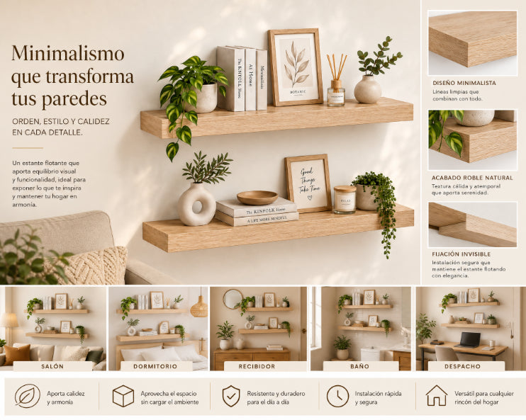 Set de 2 Estantes Flotantes MDF Roble 60 cm - Decoración y Funcionalidad - imagen 8