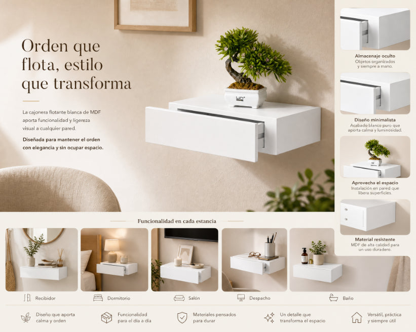 Cajonera Flotante Blanca de MDF para Decoración de Pared - imagen 8