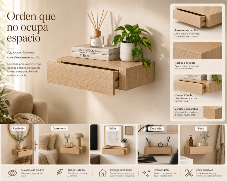 Cajonera Flotante Roble con Almacenaje Oculto 40 cm - imagen 8