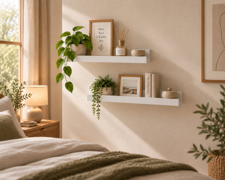 Set de 2 Estantes Flotantes Portafotos Blancos de MDF 57 cm - Repisas Decorativas de Pared - imagen 4
