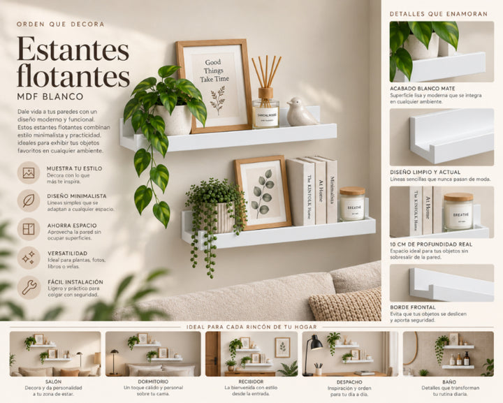Set de 2 Estantes Flotantes Portafotos Blancos de MDF 57 cm - Repisas Decorativas de Pared - imagen 8