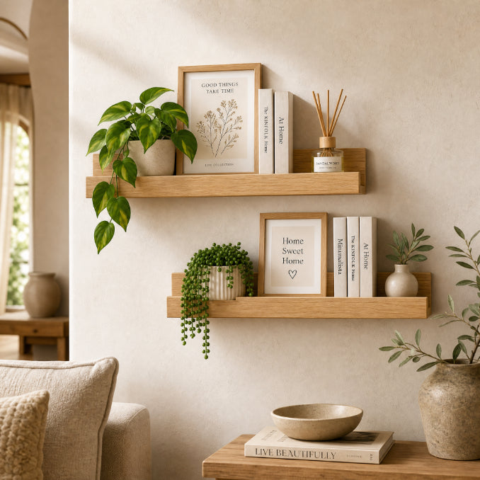 Set de 2 Estantes Flotantes Portafotos en color Roble de MDF 57 cm - Repisas Decorativas de Pared - imagen 1