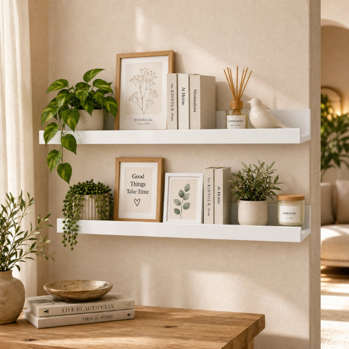 Set de 2 Estantes Flotantes Portafotos Blancos de MDF 80 cm - Repisas Decorativas de Pared - imagen 1