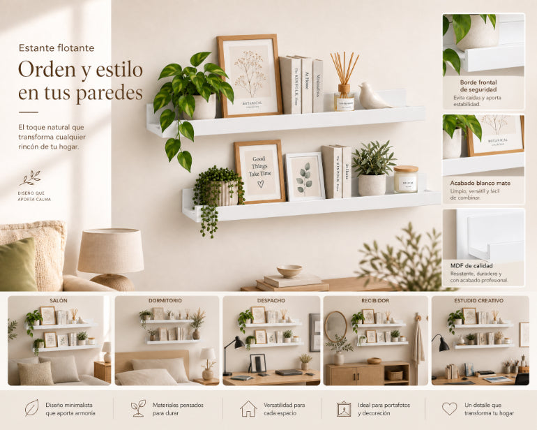 Set de 2 Estantes Flotantes Portafotos Blancos de MDF 80 cm - Repisas Decorativas de Pared - imagen 8