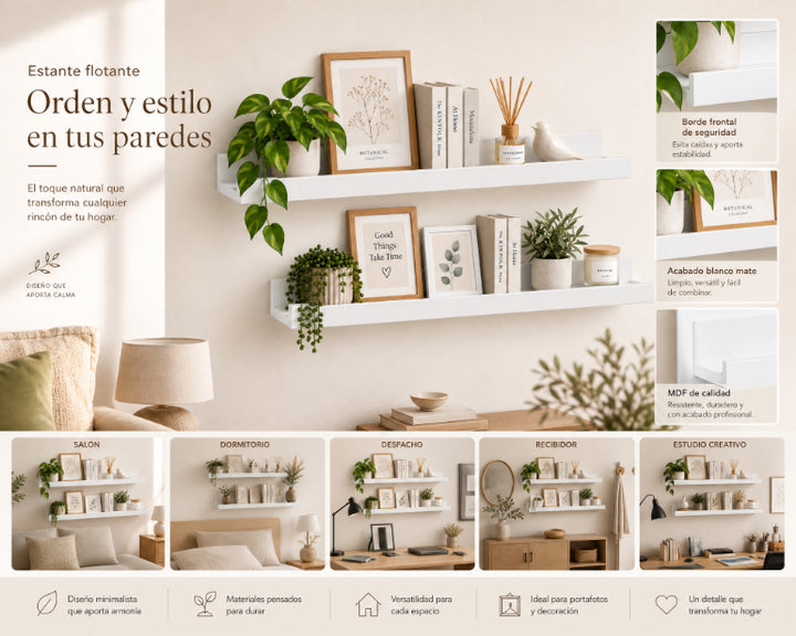 Set de 2 Estantes Flotantes Portafotos Blancos de MDF 80 cm - Repisas Decorativas de Pared - imagen 8