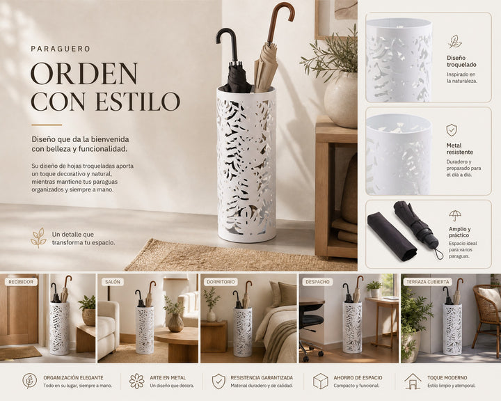Paraguero Redondo de Metal Blanco con Diseño de Hojas - imagen 8