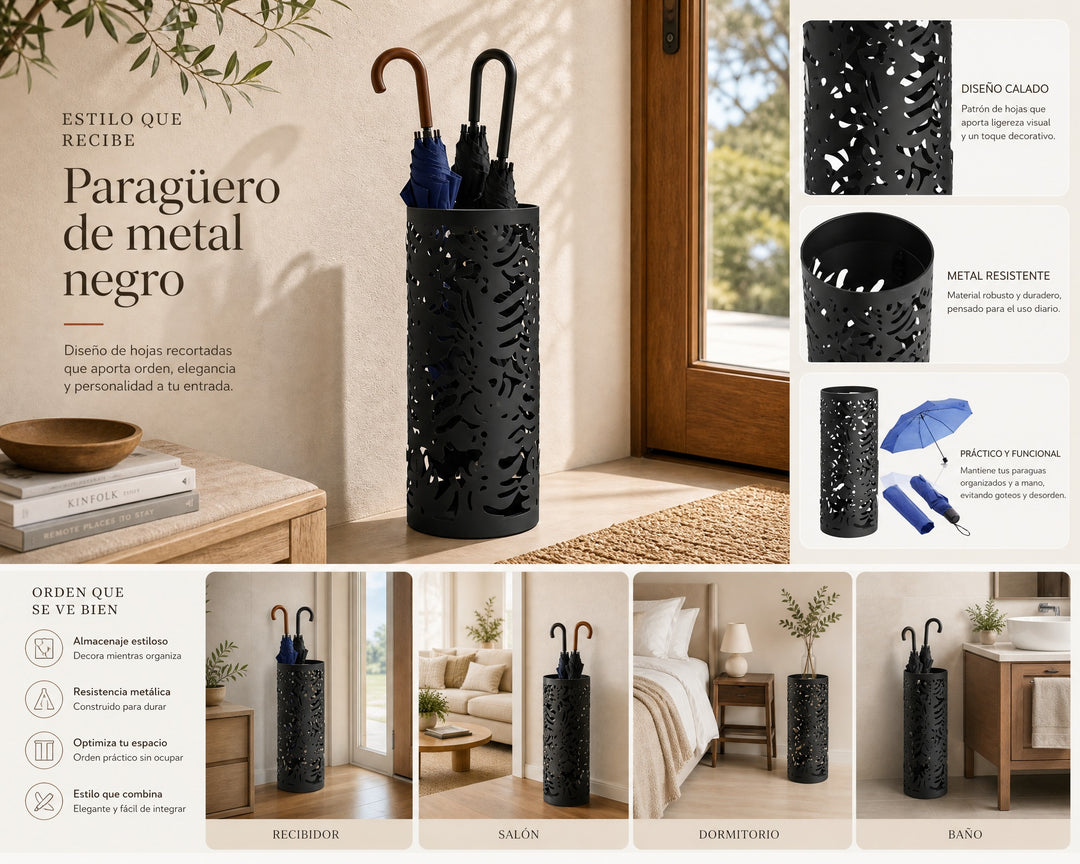 Paragüero de Metal Negro con Diseño de Hojas 20x50cm - imagen 8