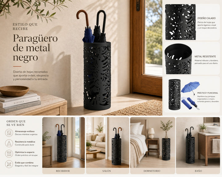 Paragüero de Metal Negro con Diseño de Hojas 20x50cm - imagen 8
