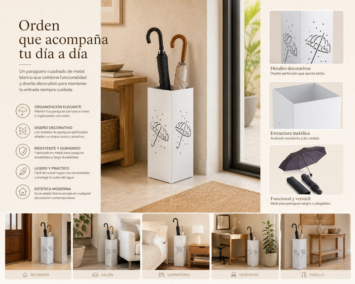 Paraguero Cuadrado de Metal Blanco con Detalles Decorativos - imagen 8