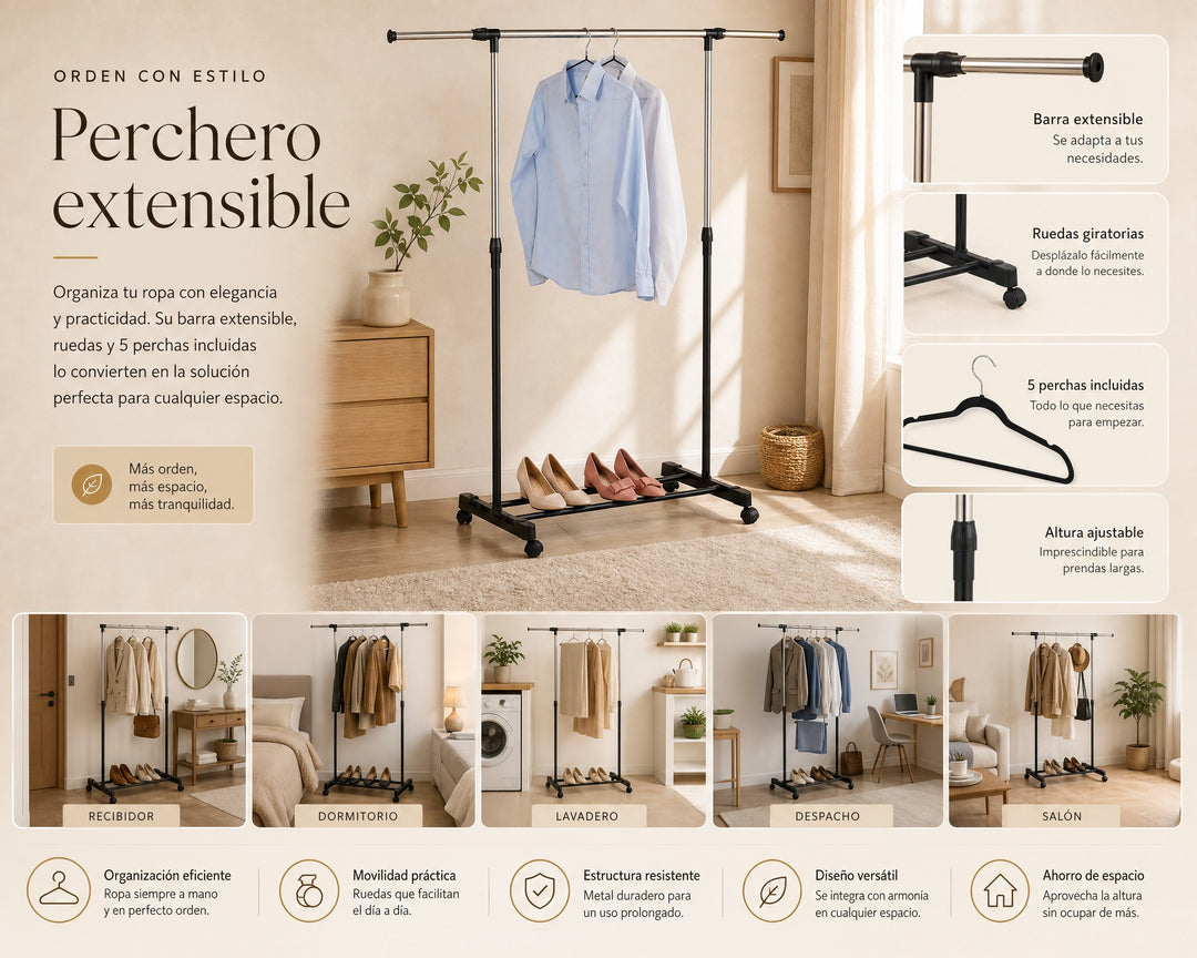 Perchero de Ropa Extensible Metálico con 5 Perchas - imagen 8
