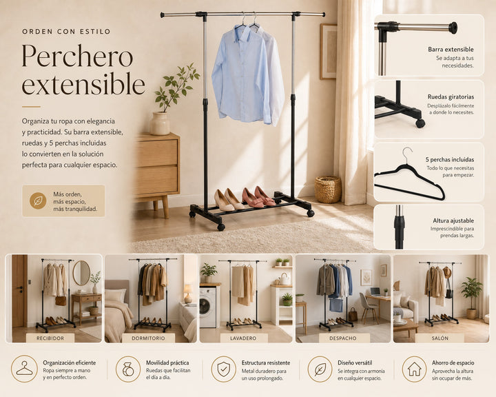 Perchero de Ropa Extensible Metálico con 5 Perchas - imagen 8