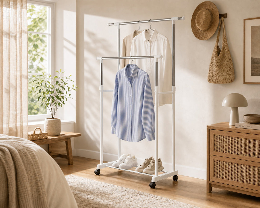 Perchero Doble Extensible 5 Perchas Ropa Metal Blanco - imagen 2