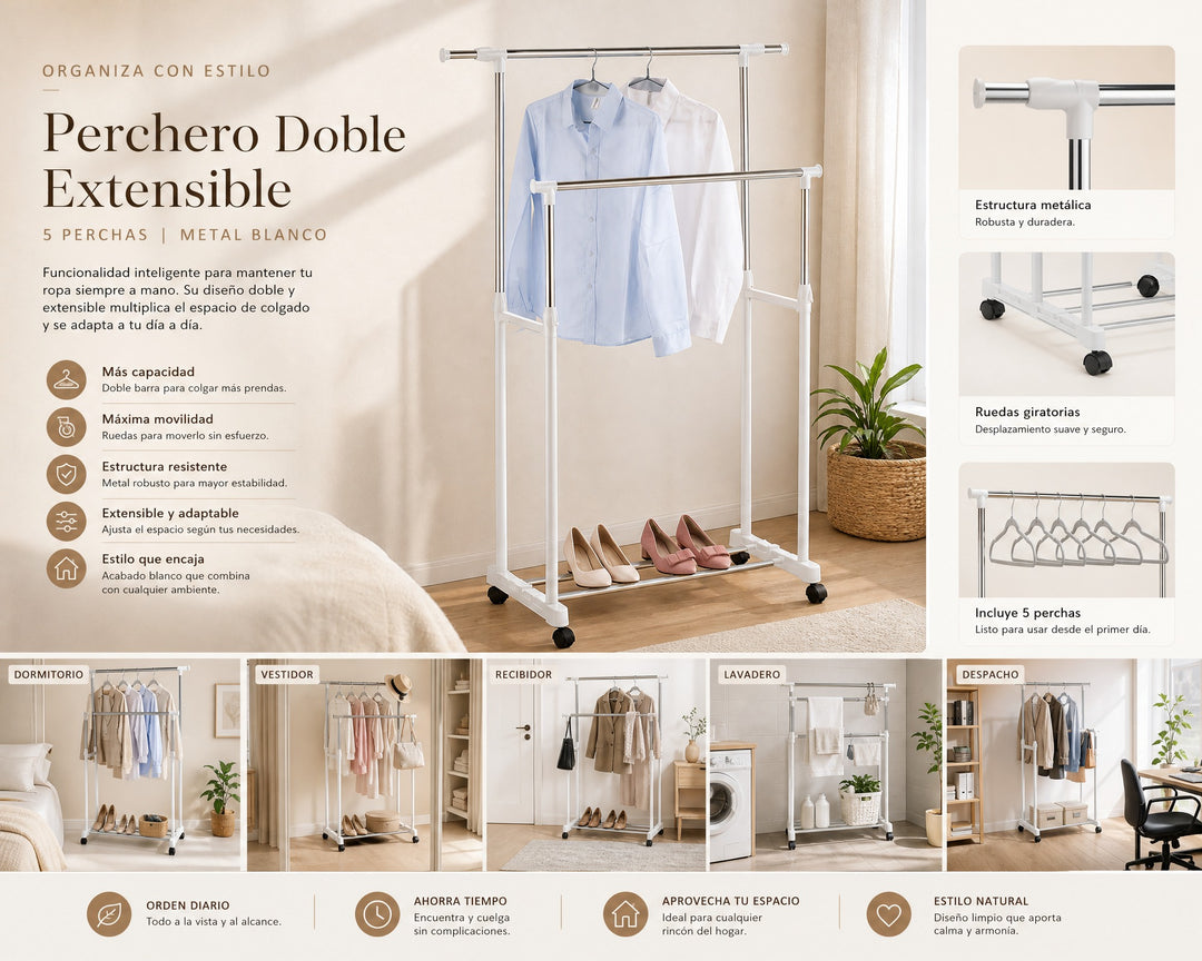 Perchero Doble Extensible 5 Perchas Ropa Metal Blanco - imagen 8