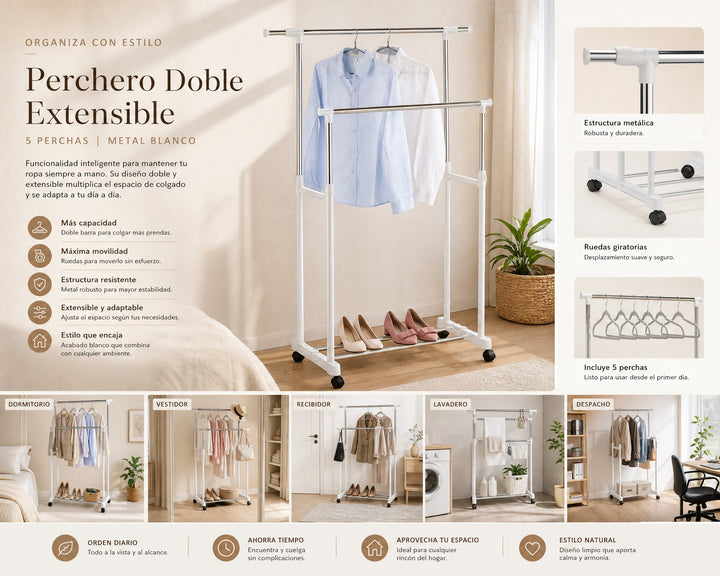 Perchero Doble Extensible 5 Perchas Ropa Metal Blanco - imagen 8