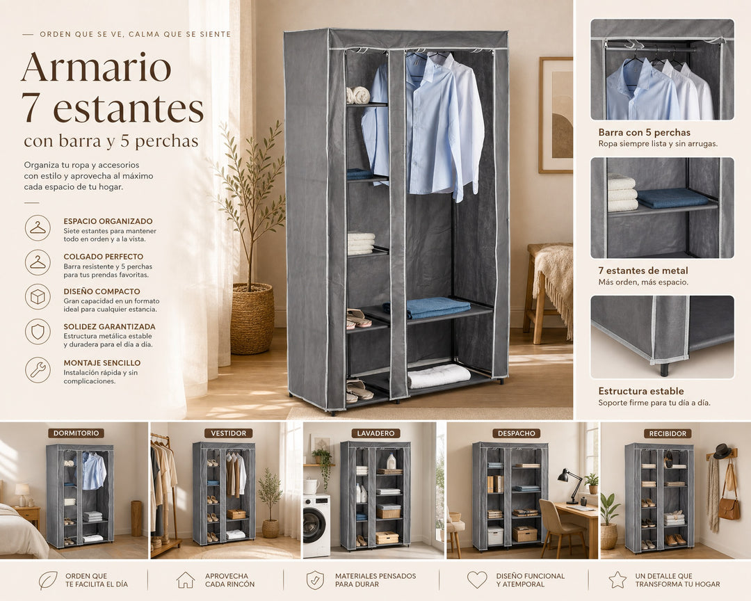 Armario Metal 7 Estantes con Barra y 5 Perchas - imagen 8