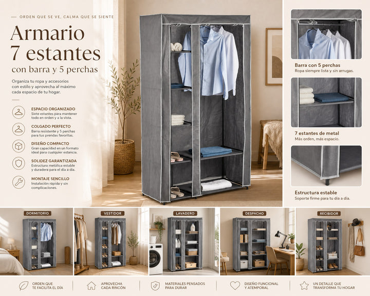 Armario Metal 7 Estantes con Barra y 5 Perchas - imagen 8