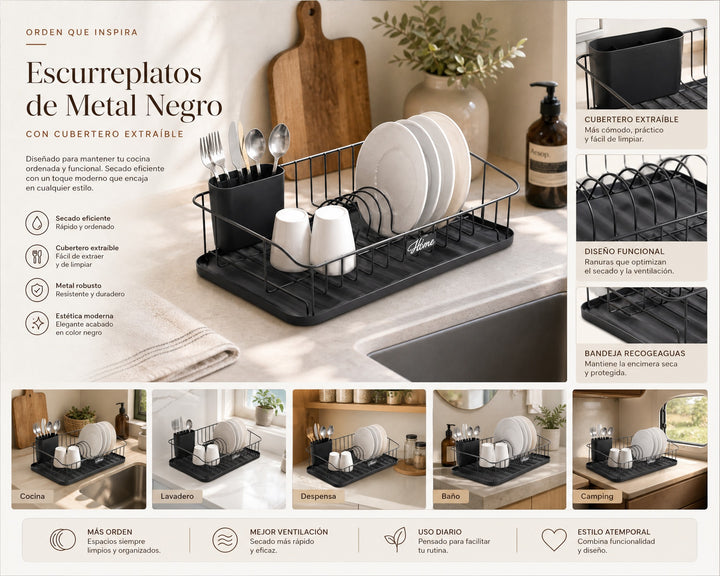 Escurreplatos de Metal Negro con Cubertero Extraíble - imagen 8