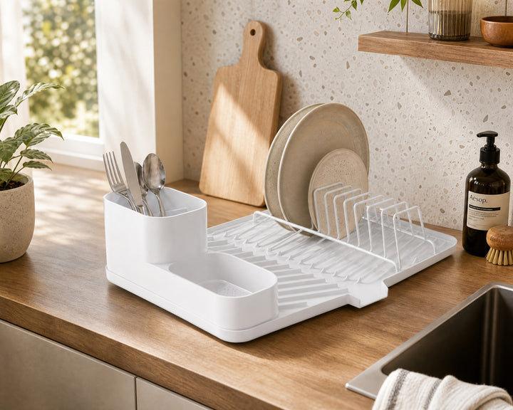 Escurreplatos Blanco con Desagüe y Cubertero Metálico - imagen 3