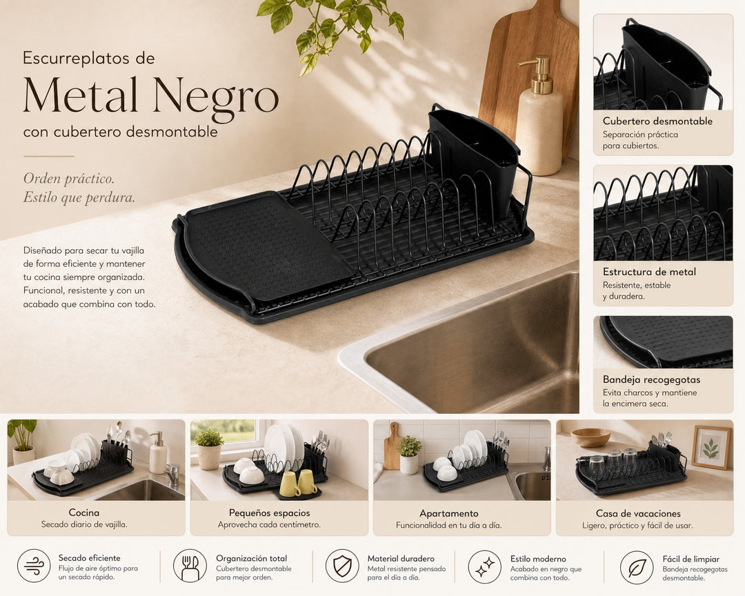 Escurreplatos de Metal Negro con Cubertero Desmontable - imagen 8