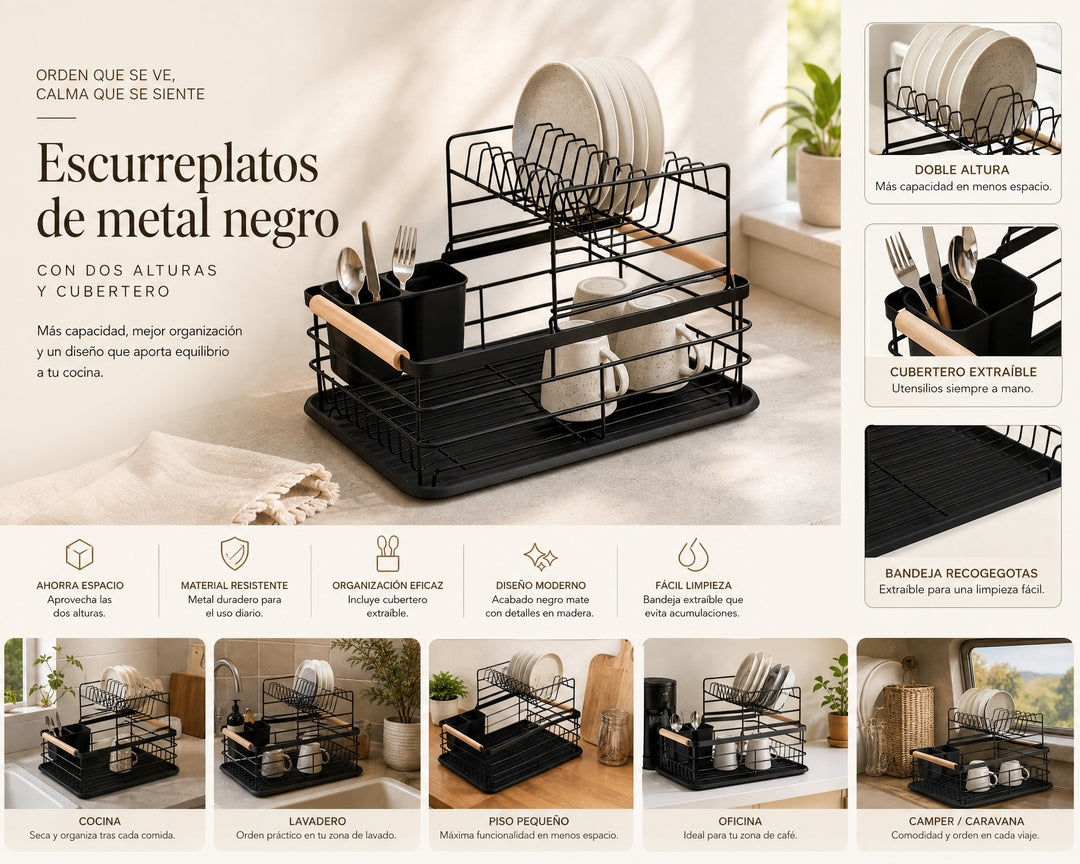 Escurreplatos de Metal Negro con Dos Alturas y Cubertero - imagen 8