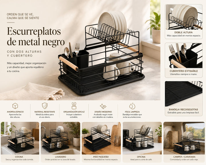 Escurreplatos de Metal Negro con Dos Alturas y Cubertero - imagen 8