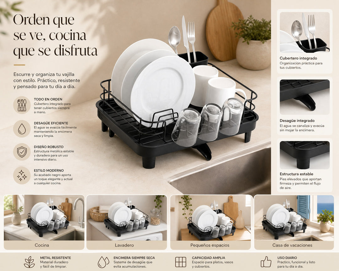 Escurreplatos Negro con Desagüe y Cubertero Metálico - imagen 8