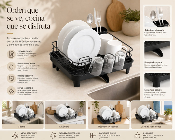 Escurreplatos Negro con Desagüe y Cubertero Metálico - imagen 8